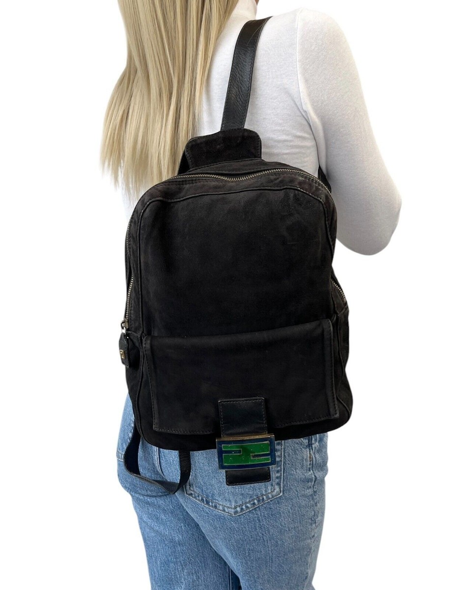 FENDI Vintage FF Logo Backpack Zip Black Green Suede Leather  display picture 3