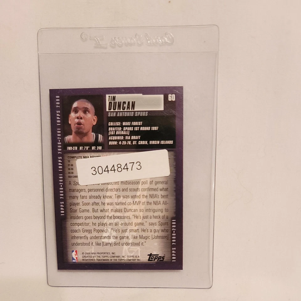 Tim Duncan 2000-01 Topps #60 Spurs - Image 2 of 2