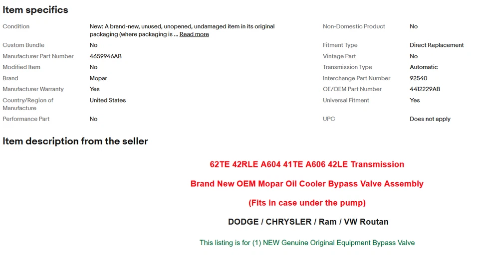 62TE 42RLE A604 A606 42LE Transmission Oil Cooler Bypass Valve 4659946AB 1989-up - Image 3 of 3