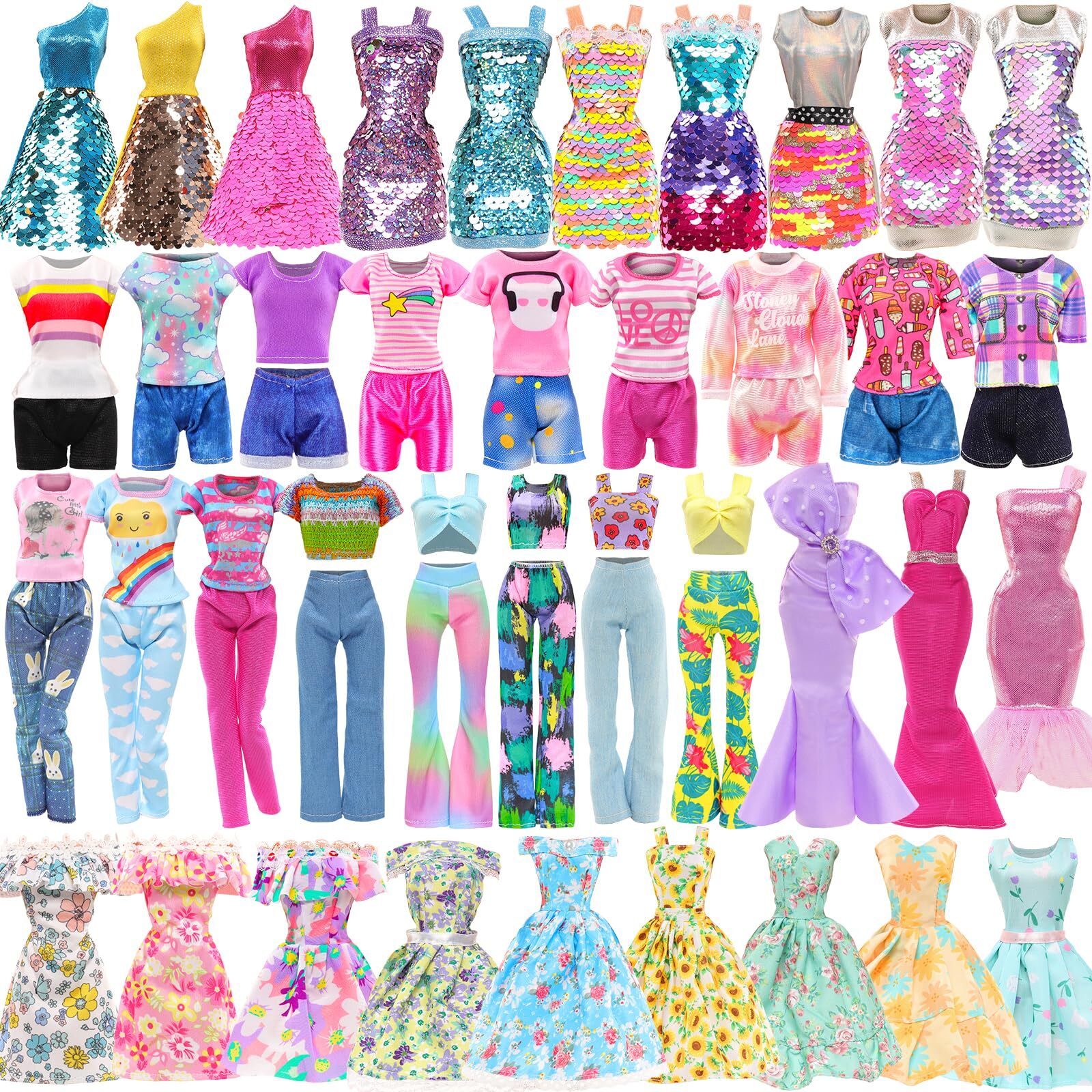 BARWA 11 Sets Doll Clothes Including 3 Sequins Dresses 4 Fashion Floral Dress...