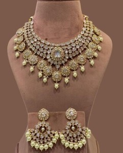 Authentic VeroniQ Trends-Bridal Gold Plated With Pearls Necklace In Polki Kundan