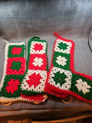 THREE Vintage Granny Square Christmas Stockings Hand Made Red White Green 70s