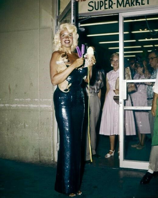 Jayne Mansfield full length in blue sequined dress opens