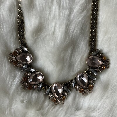 NEW EXPRESS CRYSTAL GEMS NECKLACE CHUNKY BIB VINTAGE BRONZE CHAIN PINK JEWELS
