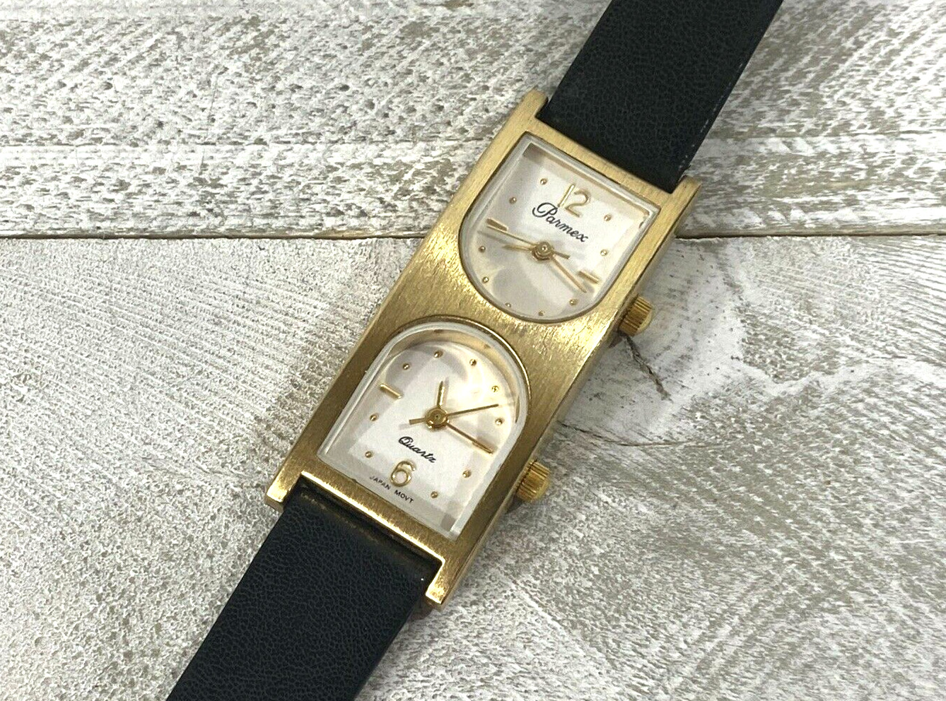 Vintage Parmex Womens Dual Dial Analog Dress Watch Gold Tone White Dial 19 mm