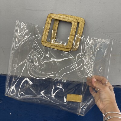 Staud Shirley Clear PVC Beige Croc Leather Tote Bag H07