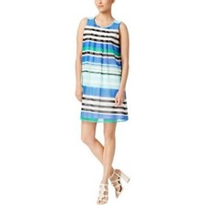 Calvin Klein Sleeveless Sheer Overlay Shift Dress Size 14, Blue Stripe #2885