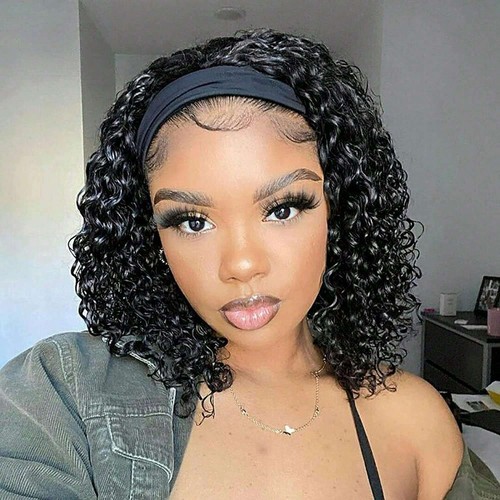 200% Density Deep Wave Headband Wig Human Hair Glueless No Lace Natural Black