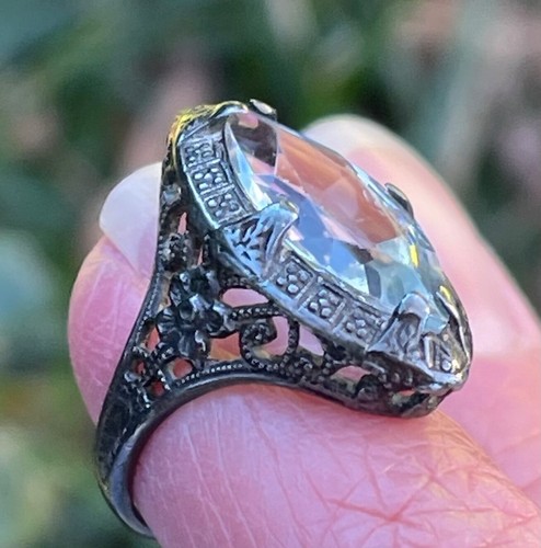 STERLING silver Art Deco filigree aqua paste stone ring size 2 antique jewelry - Picture 6 of 15