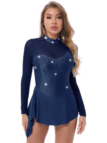 Womens Shiny Long Sleeve Leotard Dress Figure Ice Skating Ballet Dance Dress - Picture 46 of 52