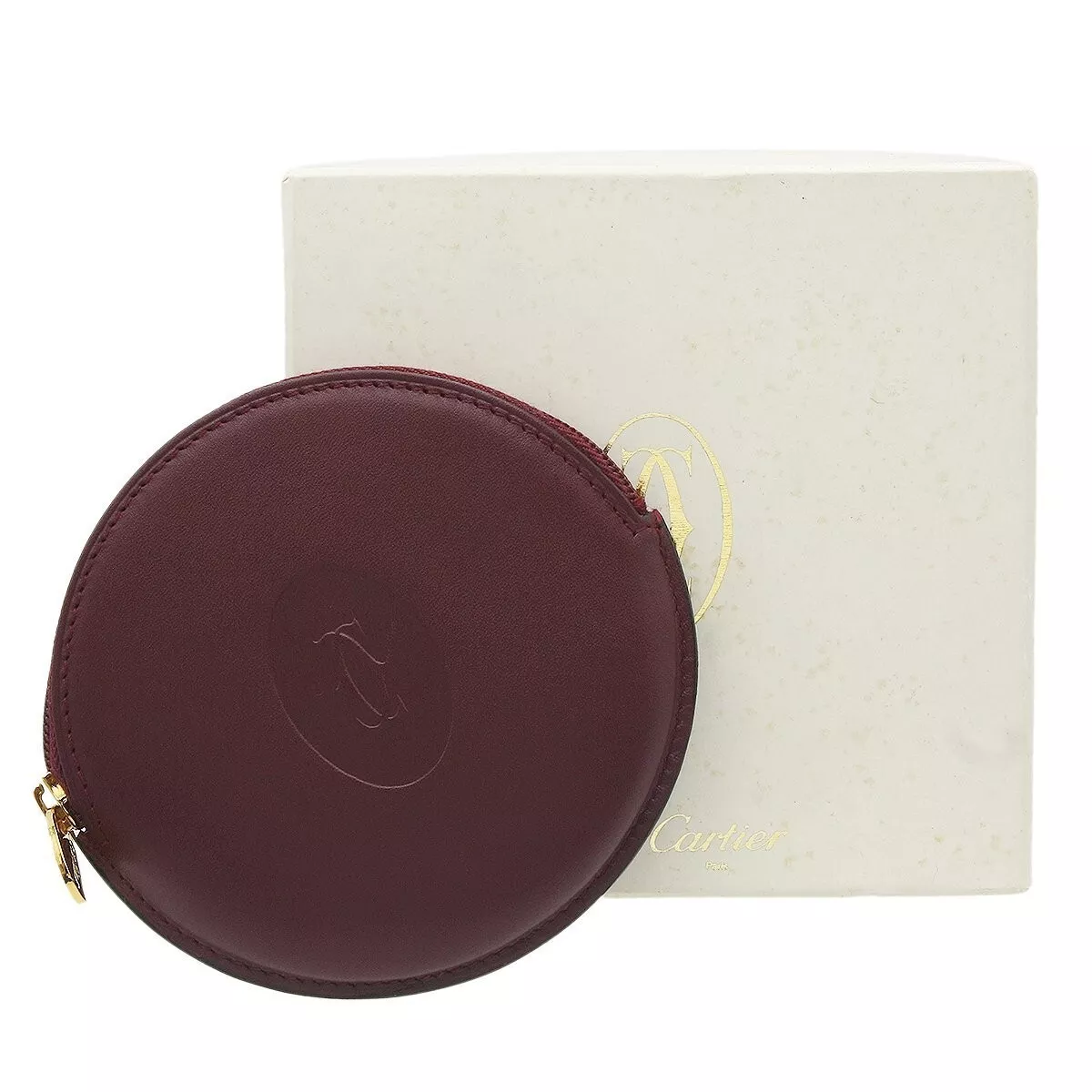 Cartier Leather Must de Round Coin Purse Case Red Bordeaux Men Unused Y1786
