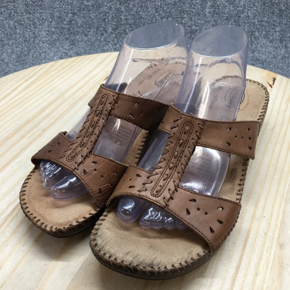 Sandalia Dr. Scholl's para mujer 11 marrón Dolly II punta abierta cuña deslizable cuero informal Foto 3 de 4