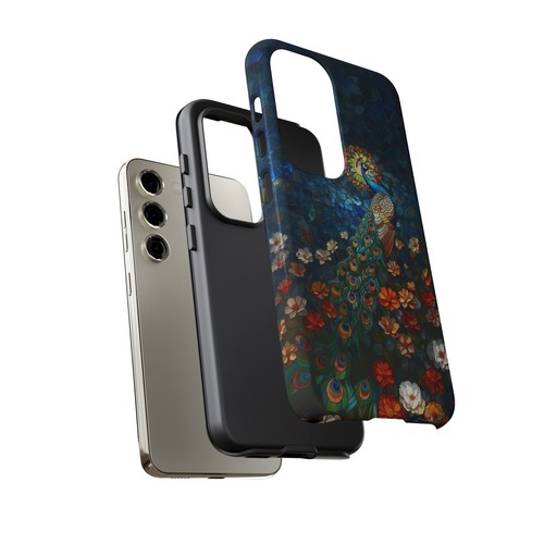 For iPhone, Galaxy, Pixel Phone Case Cover - Blue Stained Glass Peacock Flower - Picture 183 of 242