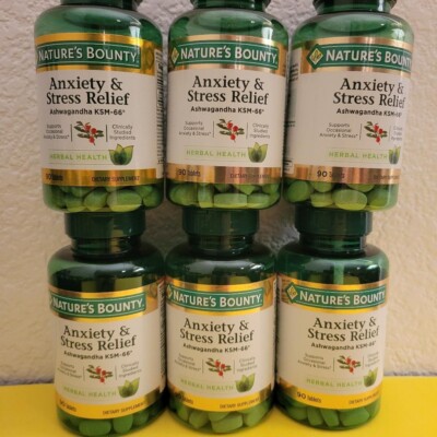 6 Bottles of Nature's Bounty Anxiety & Stress Relief Ashwagandha 90 Tablets Each