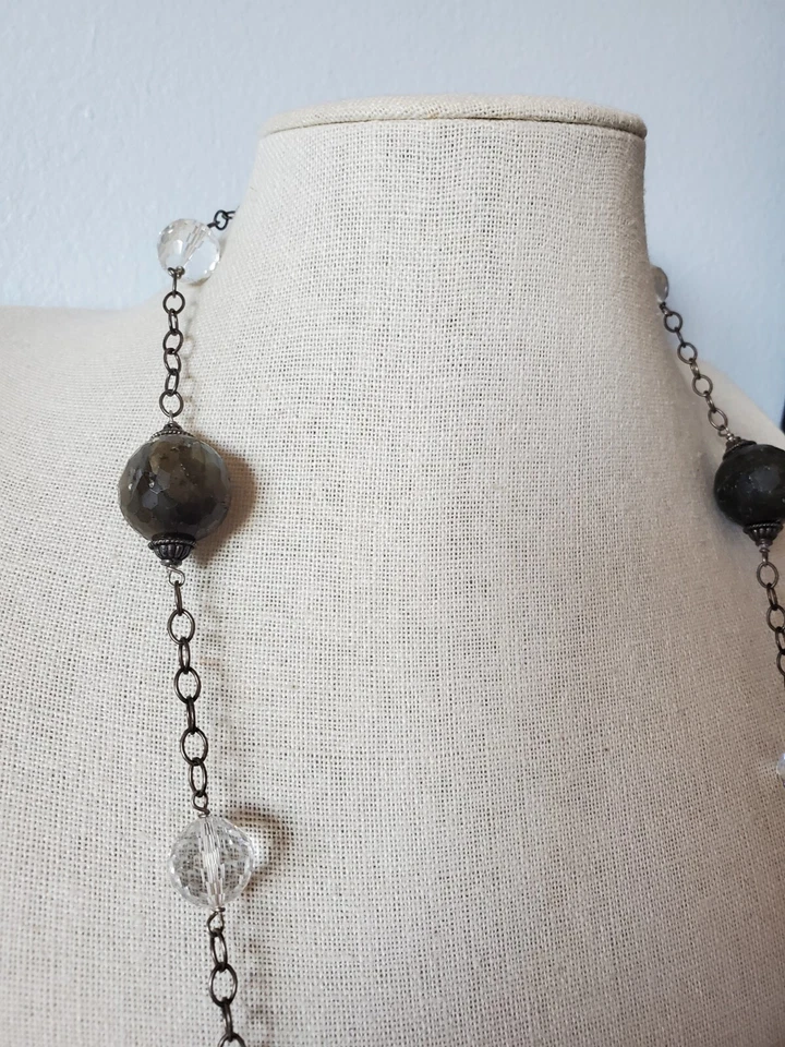 Faceted Labradorite And Clear Crystal Bead Station Sterling Silver Long Necklace - Image 3 of 4