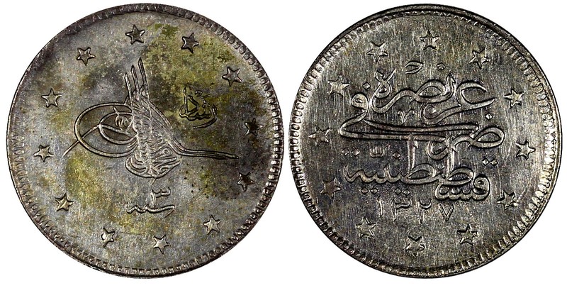 Turkey Mehmed V Silver AH1327//3 (1911) 2 Kurush aUNC/UNC Toning KM# 749 (813) 