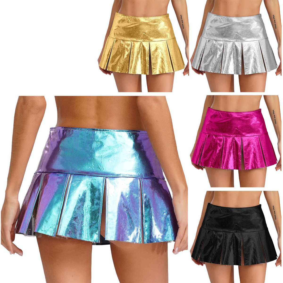 Women Pleated Hot Shorts Mini Shiny Skirt Clubwear Metallic Dance Micro  Flared