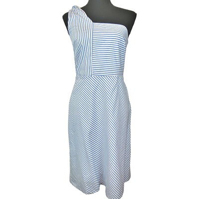 banana republic one shoulder striped dress NWT Banana Republic One-Shoulder Bow Cobalt Stripe Dress Sz 4