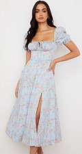 House of CB TALLULAH Blue Vintage Floral Puff Sleeve Midi Dress XS new witg tags