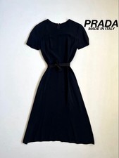 PRADA Belted Long One Piece Dress 38 Black Flare A-Line Soft Fabric