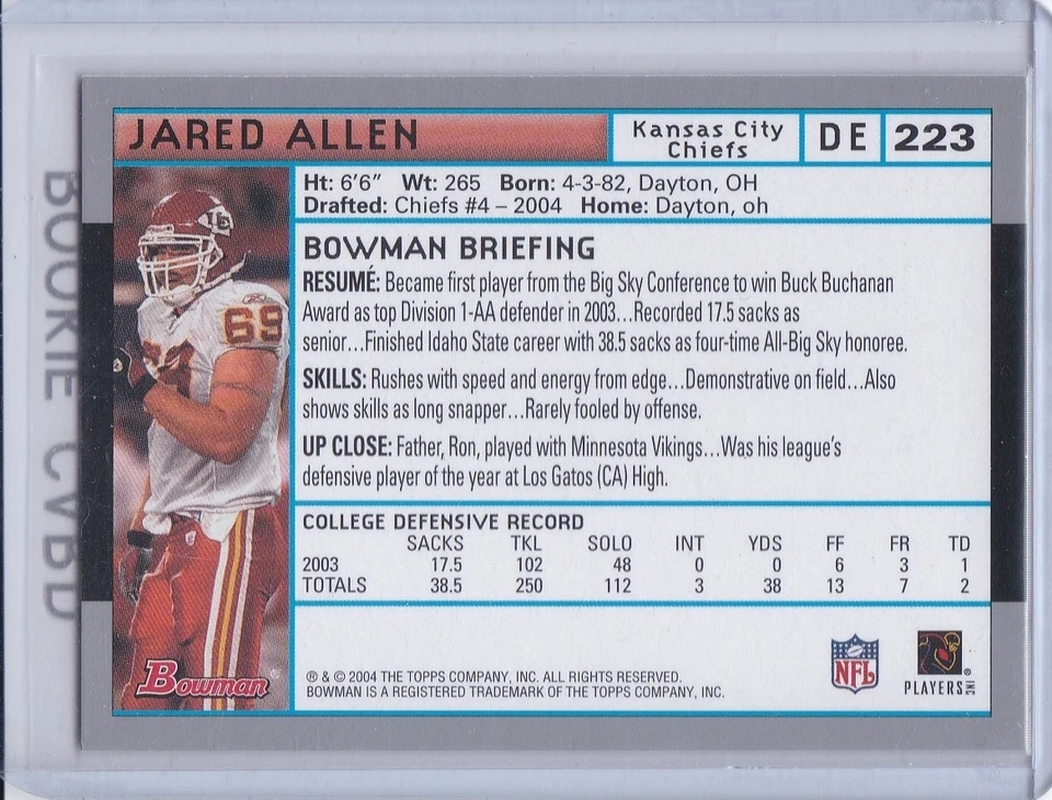 КАРТОЧКА НОВИЧКА ДЖАРЕДА АЛЛЕНА 2004 Bowman No223 NFL RC Chiefs Vikings футбол член Зала славы! - Изображение 2 из 2