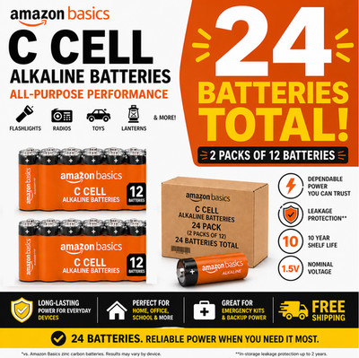 Amazon Basics 24-Pack C Cell Alkaline All-Purpose Batteries 1.5 Volt New, Sealed