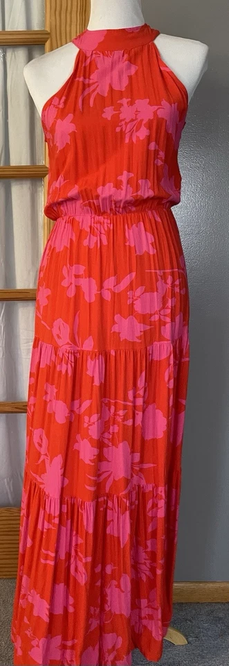 Maxi Vestido Floral En Niveles Para Mujer M Rojo Rosa Halter Cuello Boho Playa Cottagecore Foto 2 de 4