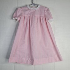 Vintage Girls Dress Pink Striped Embroidered Eyelet Collar Smocked