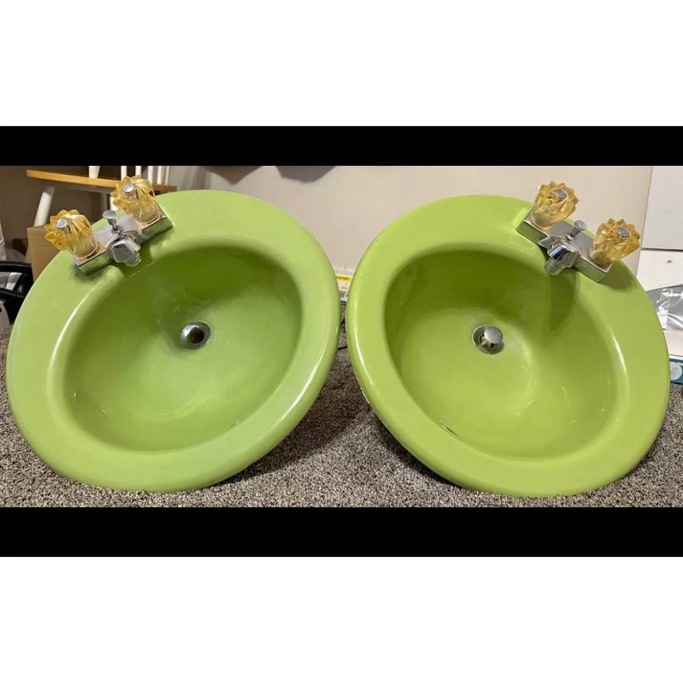 Fregadero de baño vintage Kohler verde lima retro años 70 hierro fundido caída redonda medio mod  Foto 3 de 4