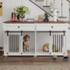 63" Large Dog Crate Furniture Double Kennel w/2 Drawers,Divider Sliding Door