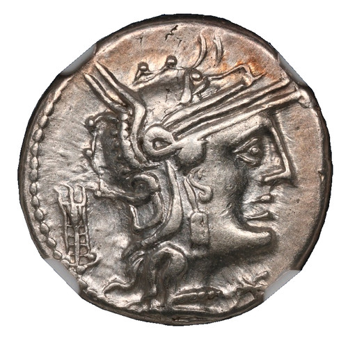 M. Opeimius Moneyer Roman Republic NGC XF Silver Denarius 131 BC Roma Apollo
