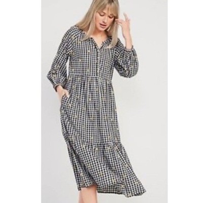 Old Navy Dress Large Black White Gingham Daisy Midi Tiered Cottage Prairie