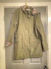 Ladies Hooded  Lined Rain Mac Khaki Green Full Zip Pockets Draw String  L (12)