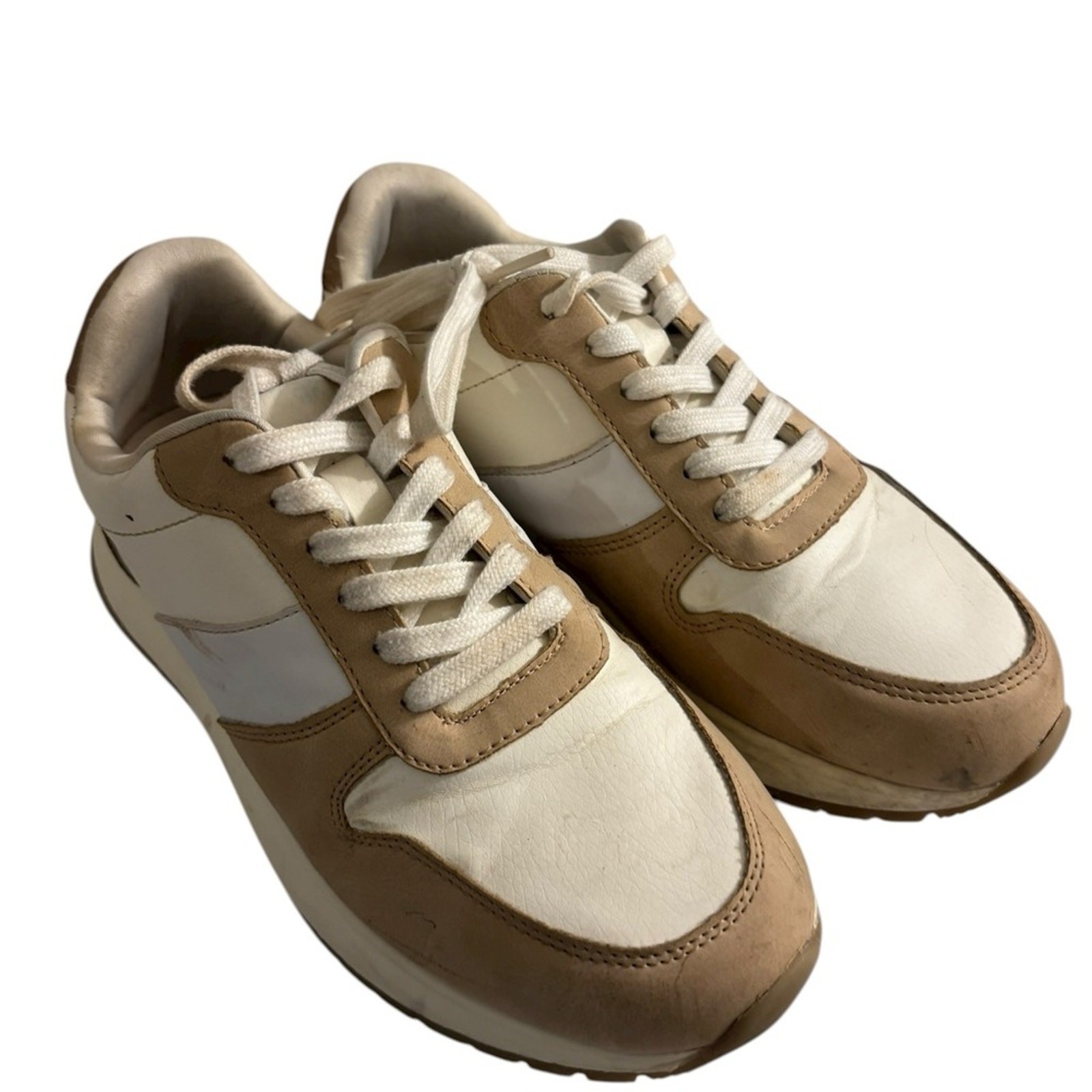 Women’s Retro Inspired Chunky Casual White and Tan Memory Foam Sneakers Size 8
