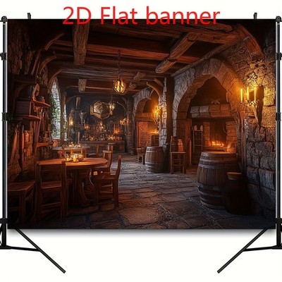 2D Flat, 1pc Medieval Tavern Backdrop Banner - Vintage Pub Decor with Stone Arch