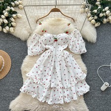 Cherry Print Off Shoulder White Cute Dress Summer Puff Sleeve Coquette Dress