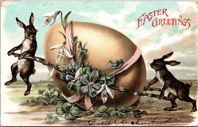 Antique Easter Greetings Postcard Two Rabbits with Floral Egg circa 1907