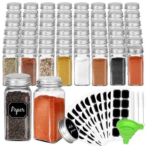 CycleMore 48 Pack 4oz Glass Spice Jars Bottles Square Spice Containers