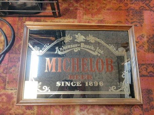 VINTAGE LARGE MICHELOB BEER MIRROR BAR SIGN RARE 1986 Wood Frame