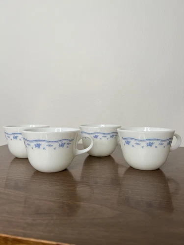 EUC 4 Pyrex Corning Corelle Milk Glass Morning Blue Flower Coffee Mugs Tea Cups
