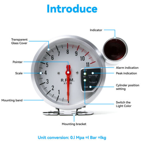 1Pcs Car Meter Tachometer Gauges 0-11000RPM Analogs White Case 7 Color LED Light - Picture 2 of 9