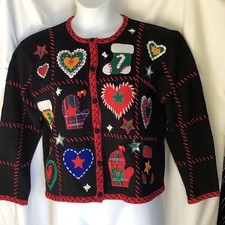 Designers Originals Studio Christmas Sweater L Cardigan Applique VTG Ugly SHORT
