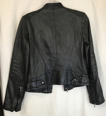 cole haan Leather Jacket Black Zip Up Front Moto Zip Sleeve Size