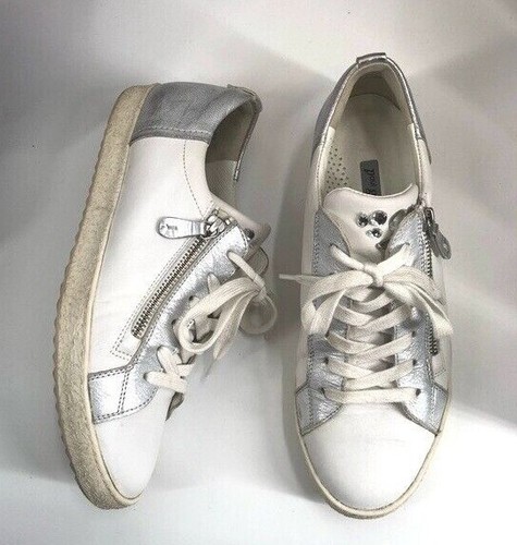 PAUL GREEN Sneakers White Leather Zipper Accent Metallic Silver Platform  Shoe | eBay