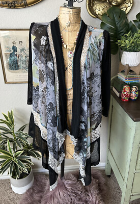 Anis A. Stein Mart Black Colorful Floral Paisley Open Front Drape Cardigan Sz S