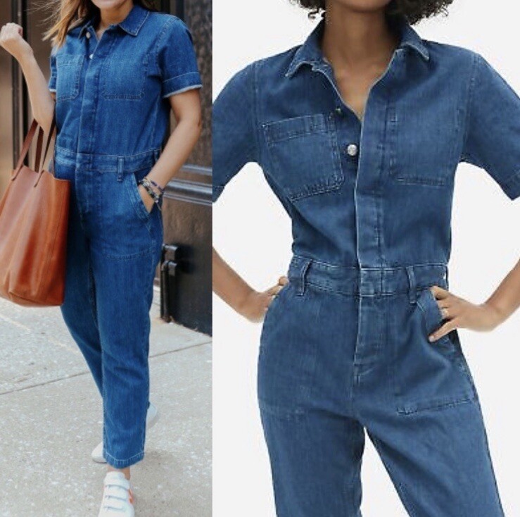 Everlane Coverall Women's 0 The Short Sleeve Denim Utility Blue Button Up Crop