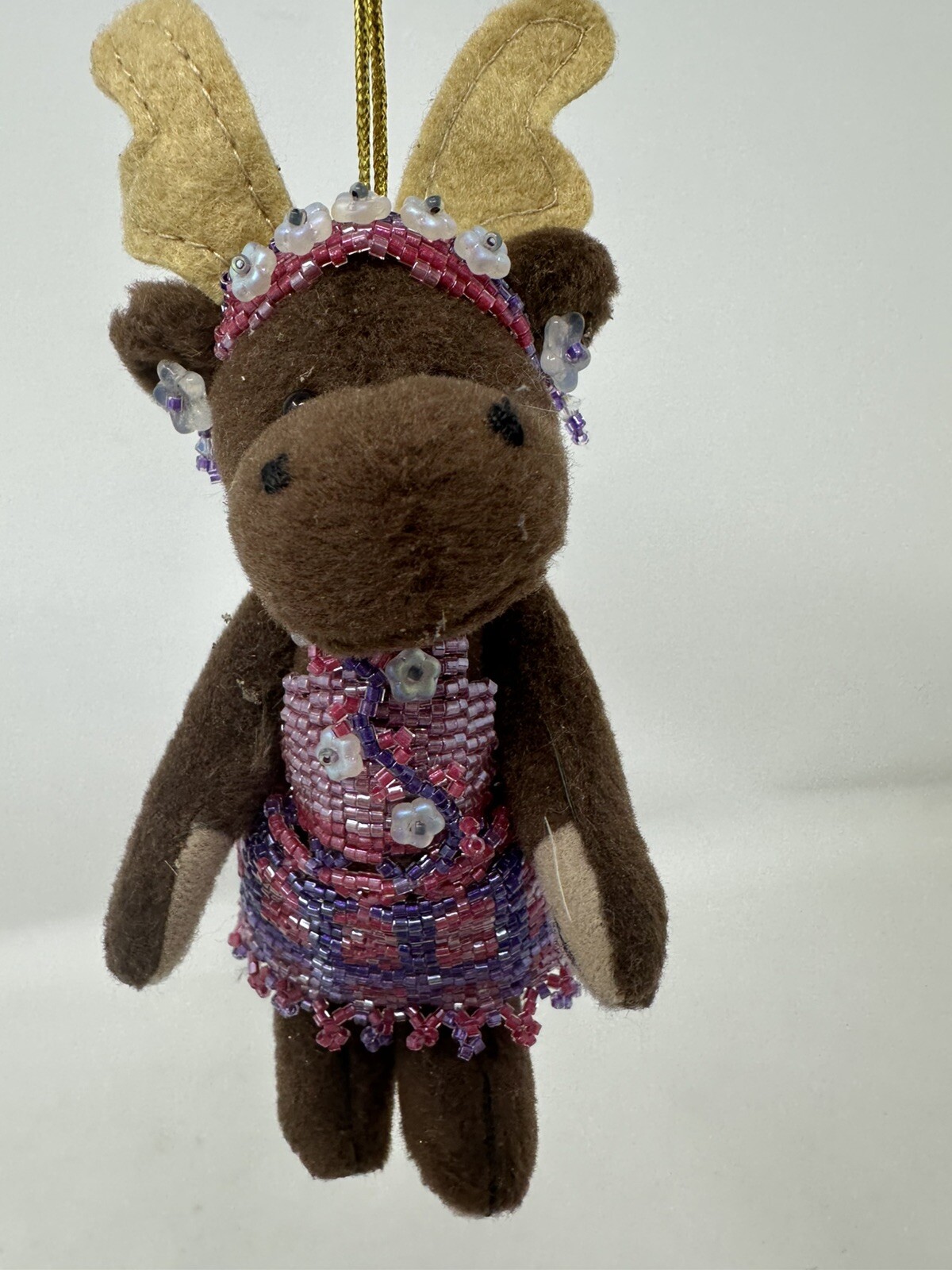 Vintage Felt Christmas Ornament Moose Handmade Beaded Outfit 5