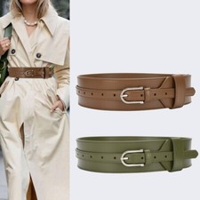 Women Real Leather Waist Belt Silver Pin Buckle Dresses Coat Wide Waistband