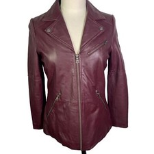 Motto Burgundy Leather Jacket Notch Collar Fitted Zippers Bikercore Womens Small