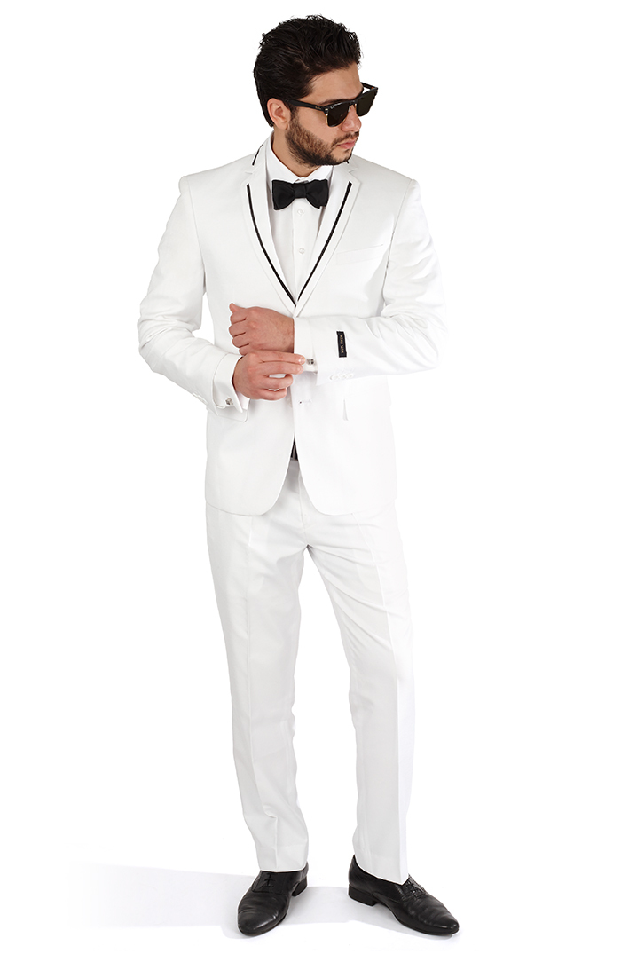 LIGHT CREPEトラウザー WITH TUXEDO Slim Fit White Men's Tuxedo With Black Trim Collar 2 Button